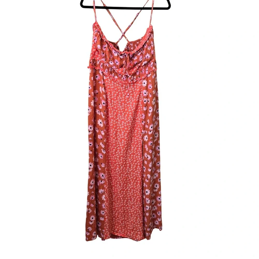 Free People Orange Floral Mixed Print Midi Dress XL, Boho‎ Cottagecore